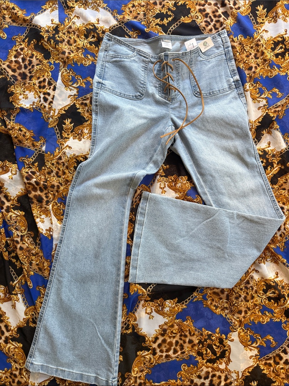 Light Wash Bootcut Jeans with Lace-Up Waist